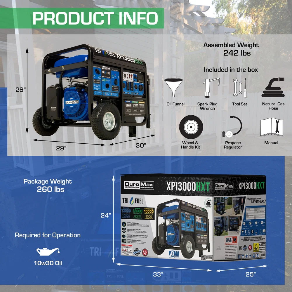 DuroMax XP13000HXT tri-fuel generator with remote start, showing gas and propane connections and control panel.