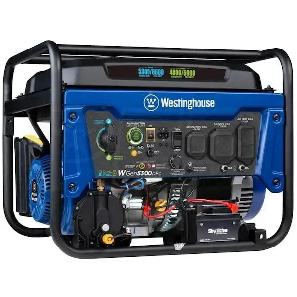 Westinghouse WGen5300DFc 5300W dual-fuel portable generator with electric start, wireless remote, RV outlet, and carbon monoxide sensor