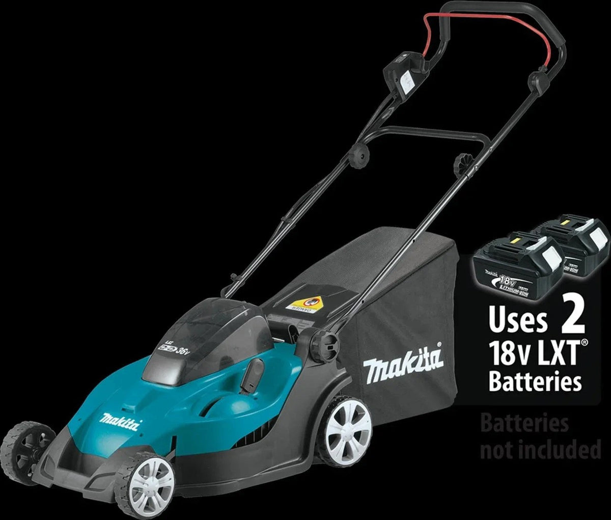 Makita 18V X2 (36V) LXT cordless 17-inch residential lawn mower, tool only, with grass collection bag and ergonomic handle.