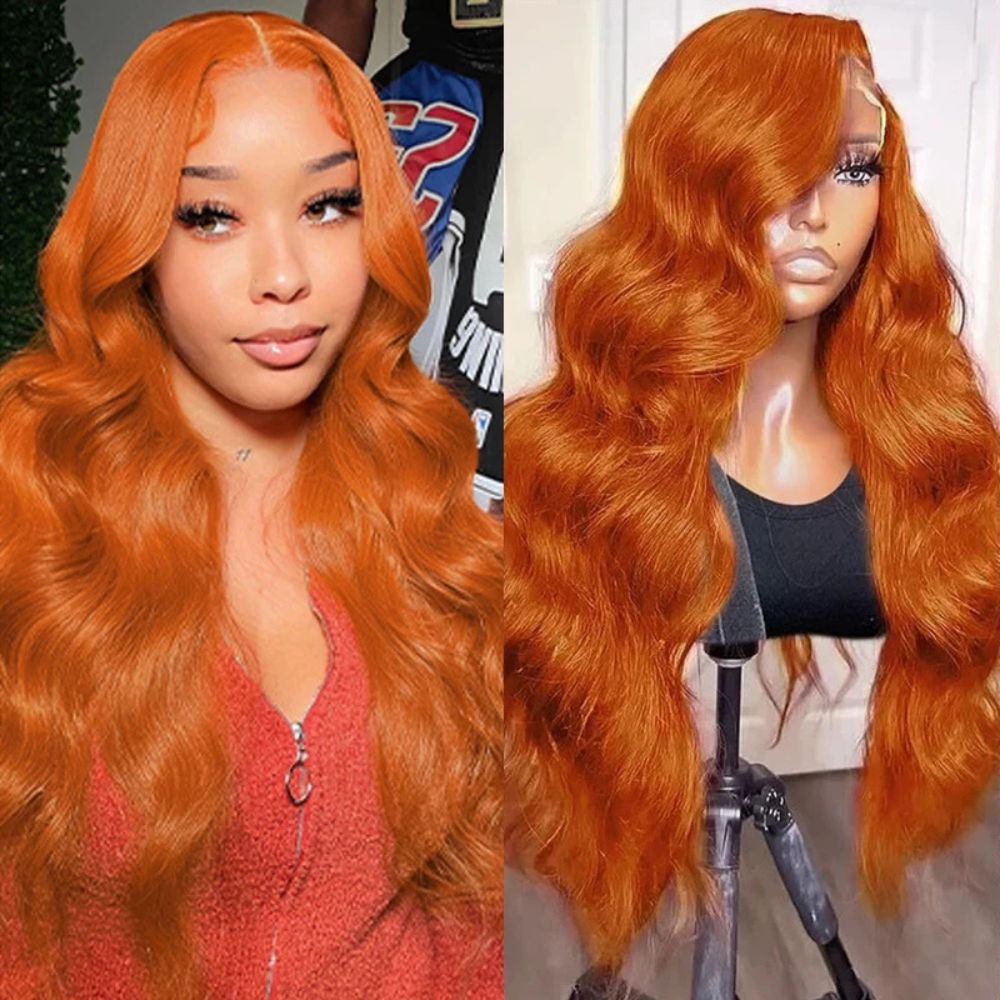Long wavy orange ginger red lace front wig by Belro with flowing hair and lace front detail, styled in soft waves.