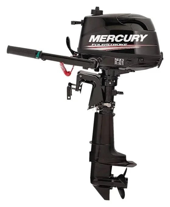 Casavibeo Mercury 6HP four-stroke outboard motor for tiller steering, shown in a close-up view of the engine and control handles.