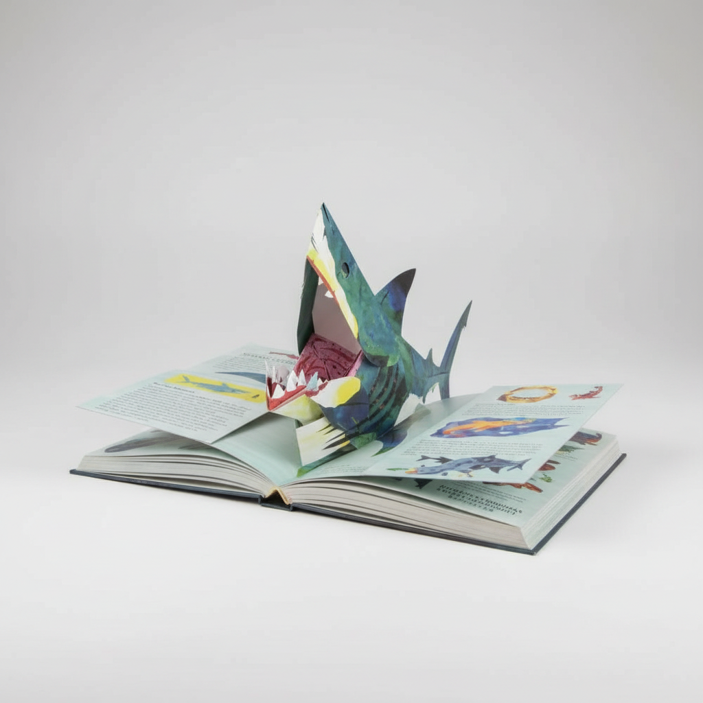 Colorful 3D pop-up dinosaur book by BowLift featuring a detailed shark illustration for kids and adults.