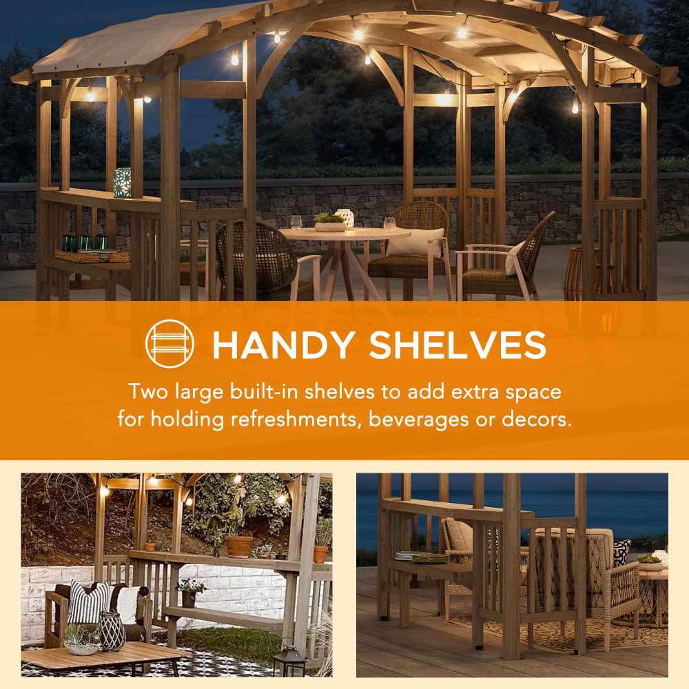 Light grey outdoor cedar wood framed arched pergola by Sunjoy Bellucci, 10x14 ft., with elegant design and sturdy construction.
