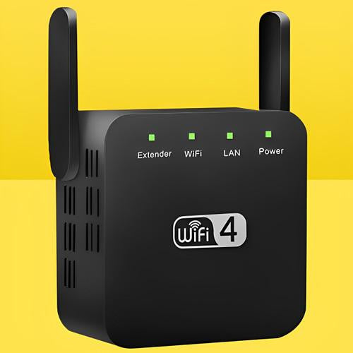 Belro powerful long-range WiFi repeater connected to a router, extending WiFi signal across a home or office.