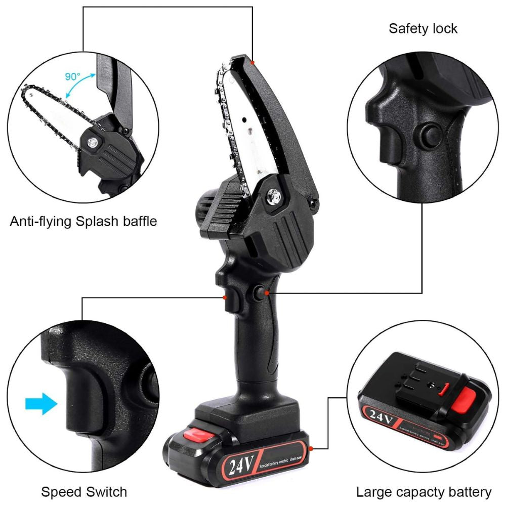 Belro upgraded 24V mini chainsaw resting on a workbench, compact design, black and orange, showcasing its portable size.