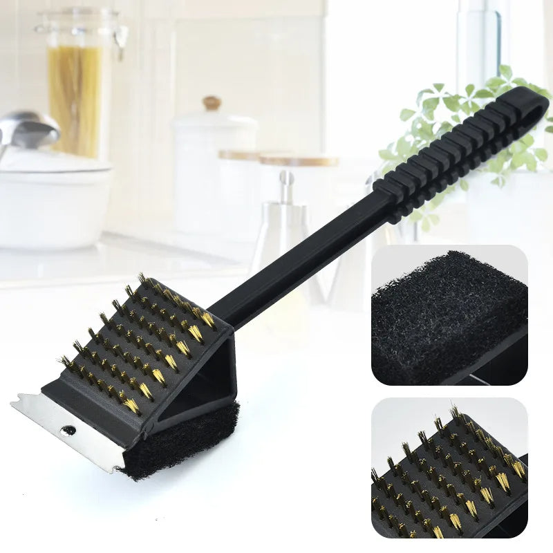 Belro 3-in-1 barbecue grill brush with scraper and sponge for cleaning outdoor grills, featuring a sturdy handle and multiple cleaning tools.