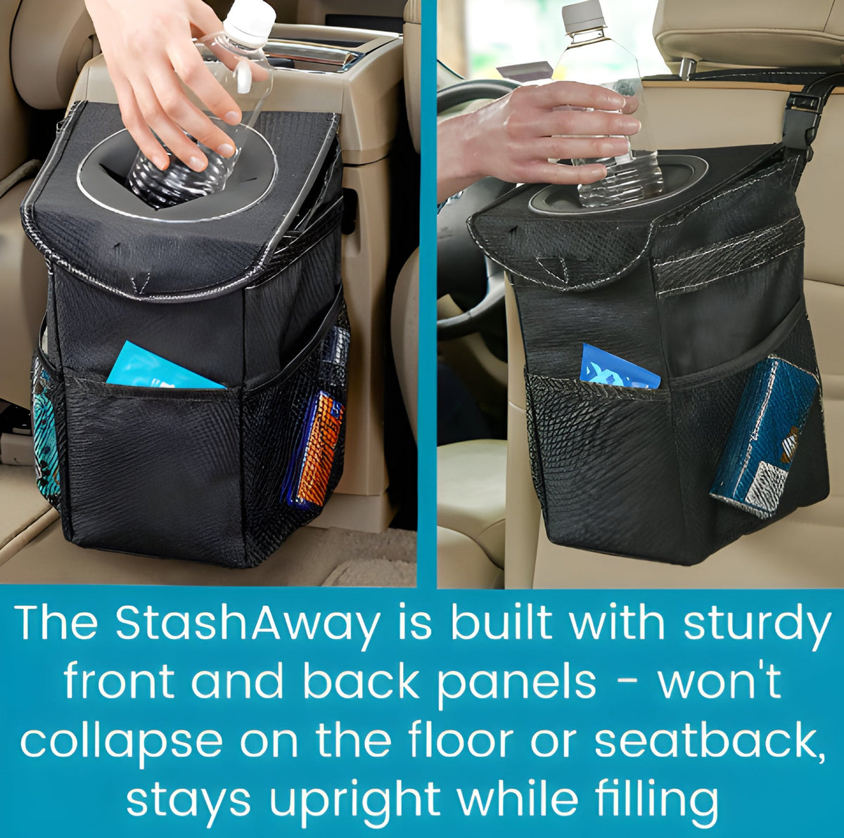 Belro automotive car trash can with lid and storage compartment, designed for vehicle interior organization and cleanliness.