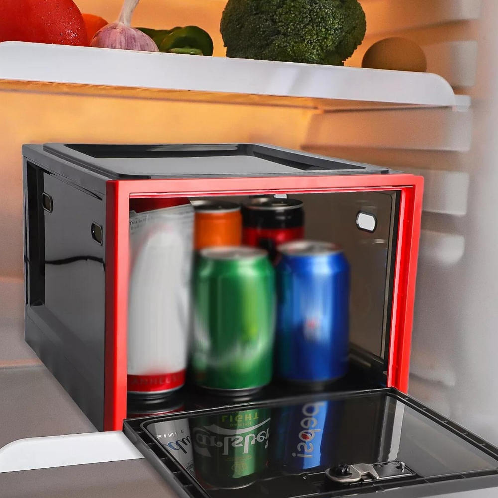 Belro heavy-duty lockable refrigerator food storage bin with clear plastic design for organized kitchen storage.