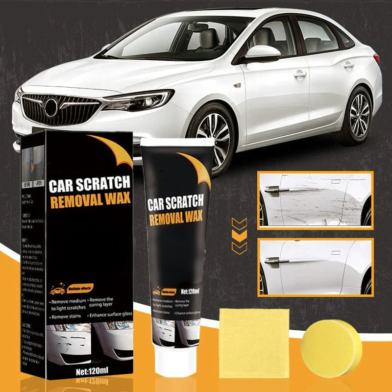 Mivoza car scratch remover paste, easy to apply, shown on a car surface for fast scratch removal at home.