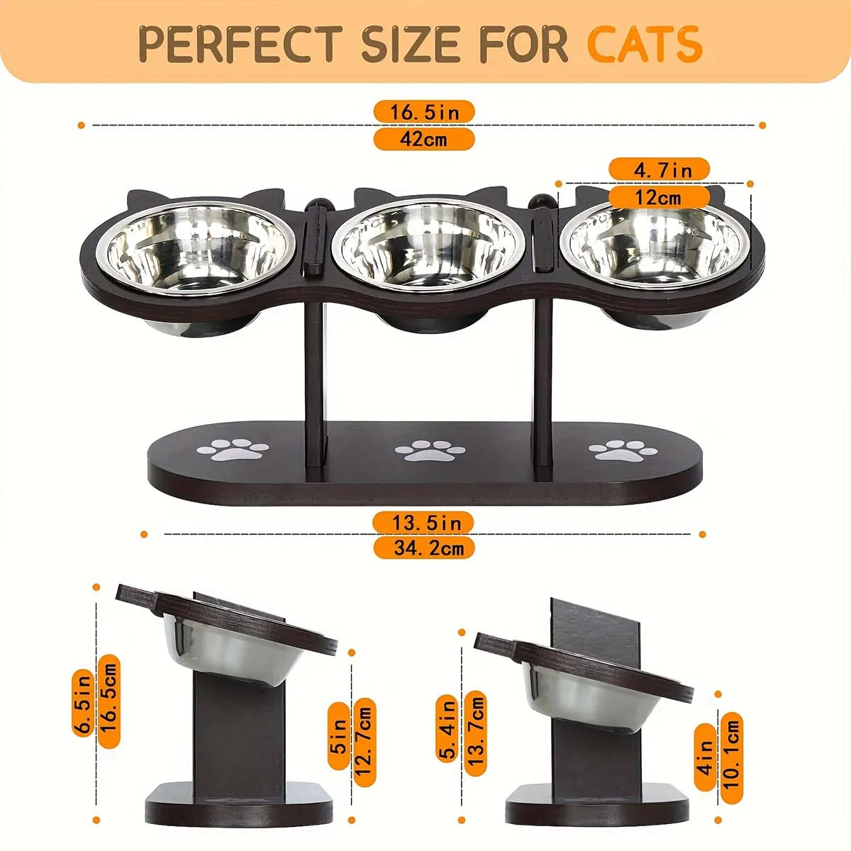 Elevated Belro cat bowl with three stainless steel dishes for feeding and watering pets, set on a sturdy stand.