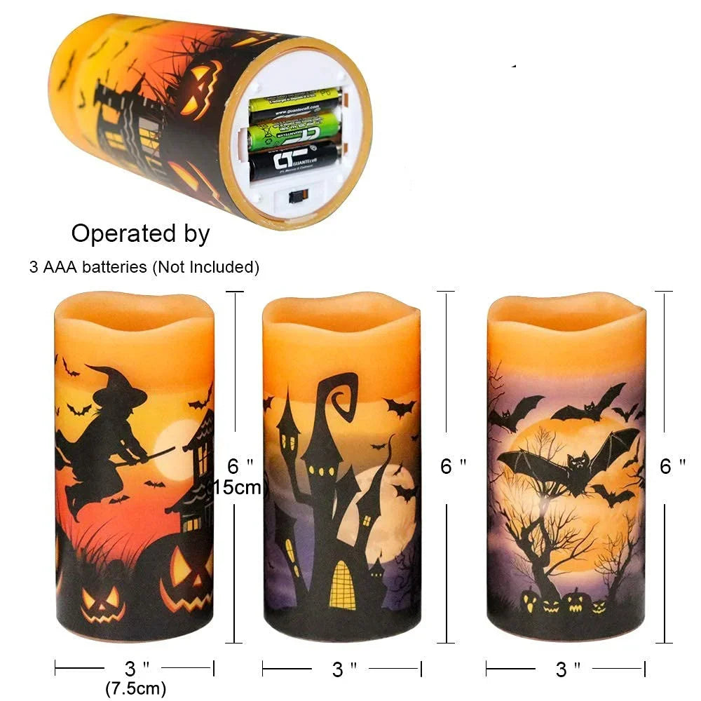 Set of two Belro Halloween flameless candles with spooky orange and black designs, ideal for Halloween home decor.