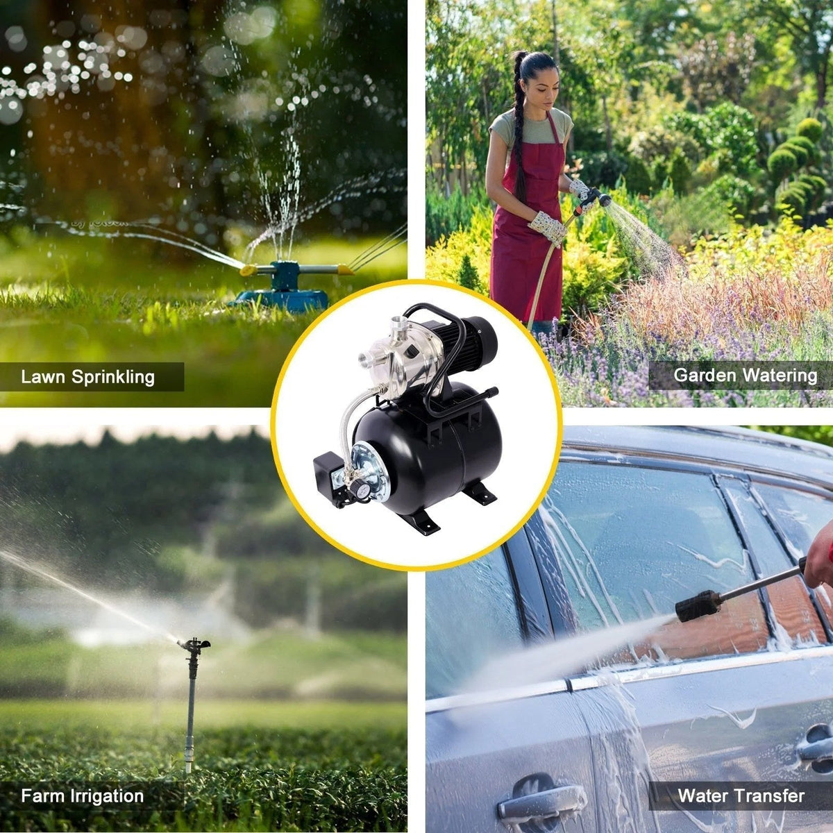 Casavibeo 1.6HP shallow well pump with 5-gallon pressure tank for automatic garden irrigation and water boosting.