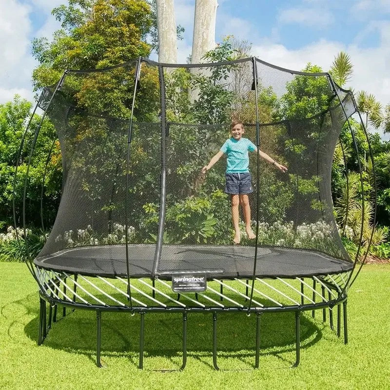 Casavibeo Springfree 11 ft. outdoor kids' square trampoline with safety enclosure, featuring a sturdy frame and jumping surface.