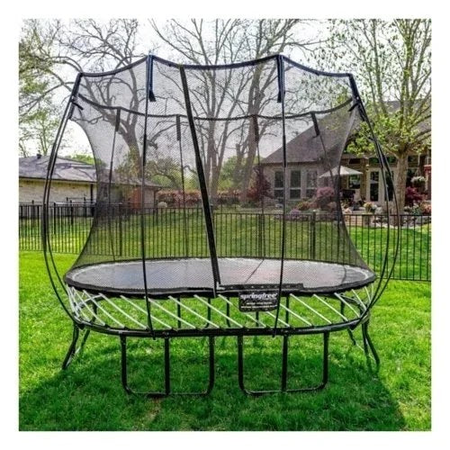 Casavibeo Springfree Compact Oval Trampoline with safety enclosure, black mat, and sturdy frame for safe outdoor bouncing.