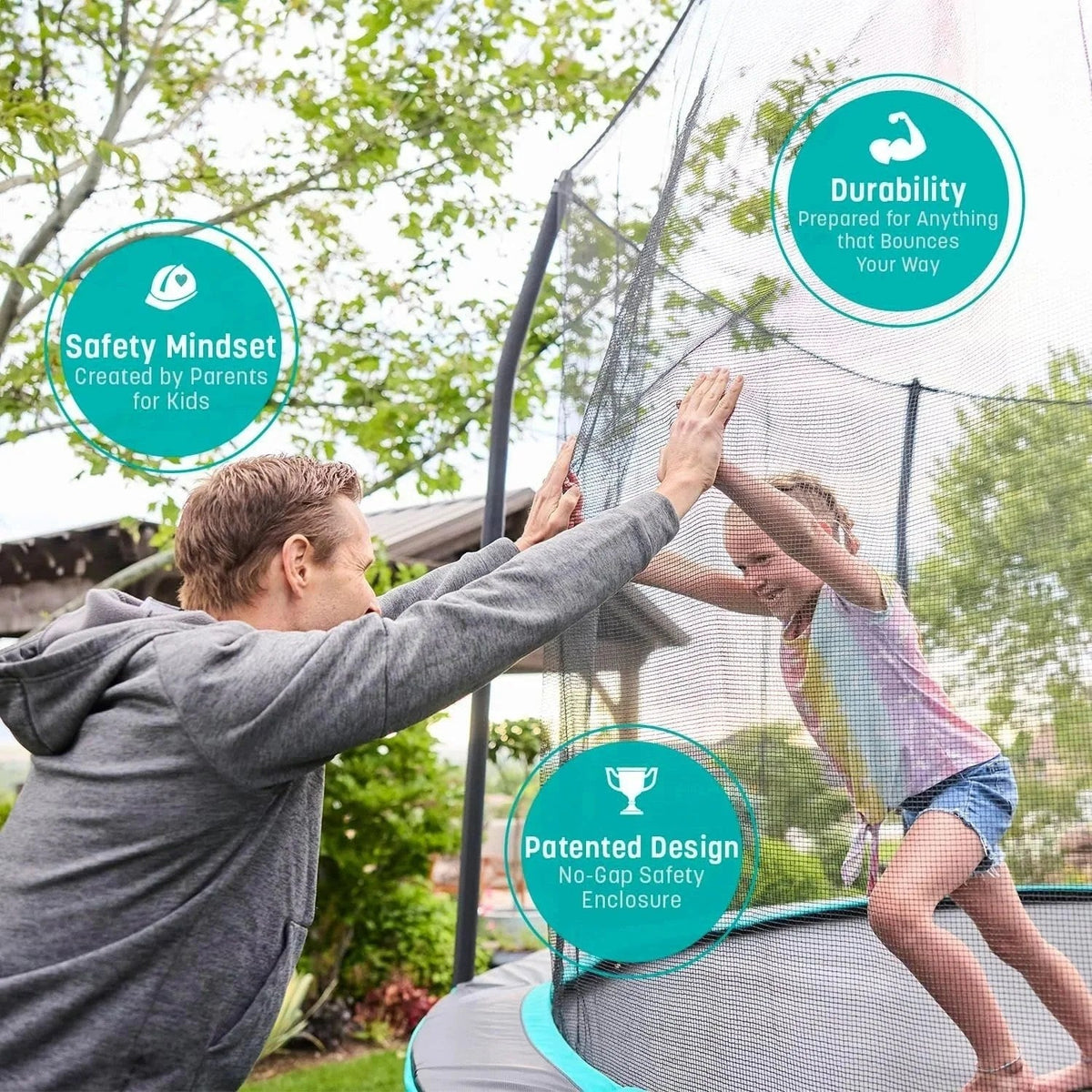 Casavibeo Skywalker Trampolines rectangle trampoline with safety enclosure, featuring sturdy frame and jumping surface under protective net.