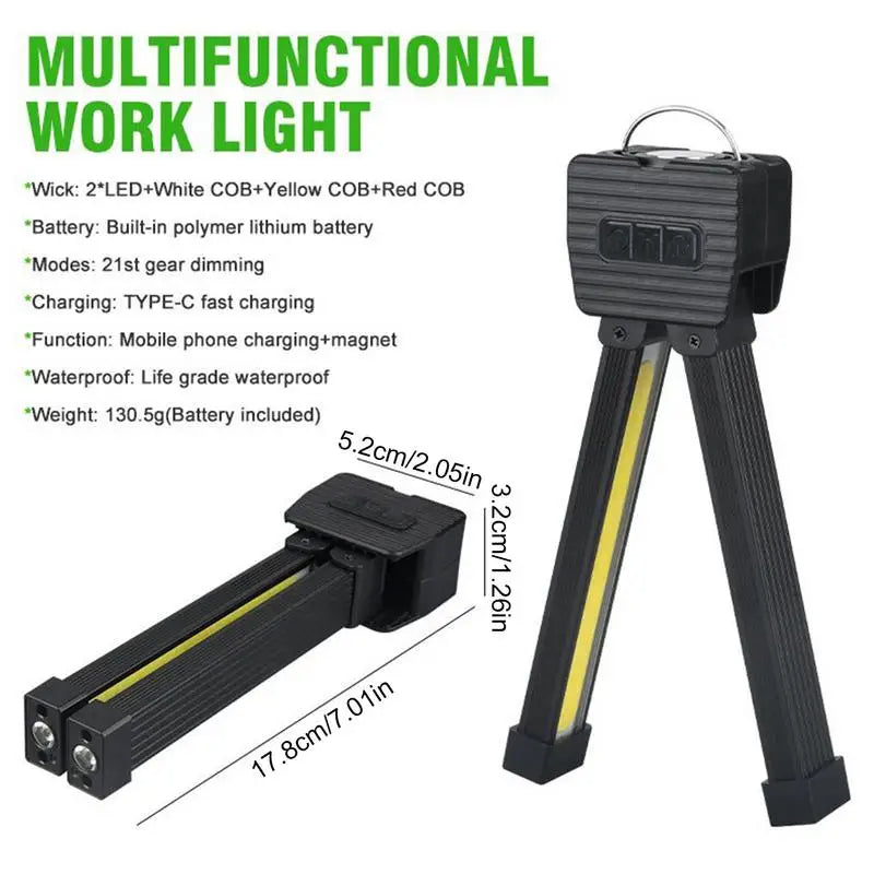 Belro rechargeable COB LED work light with compact design, bright illumination, and adjustable stand for outdoor and workshop use.