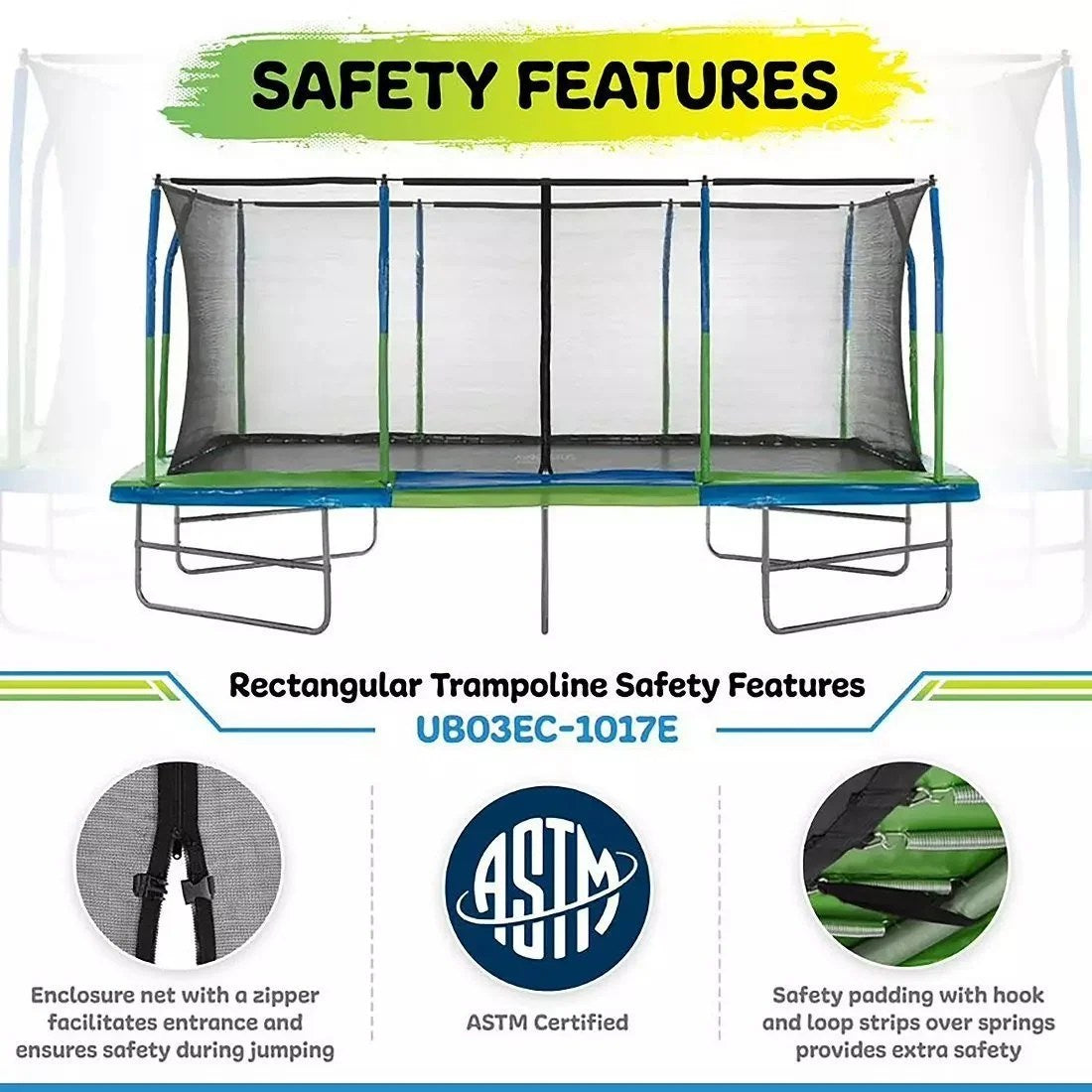 Casavibeo Upper Bounce 10x17 ft Mega Trampoline with safety net and sturdy frame for outdoor bouncing fun.