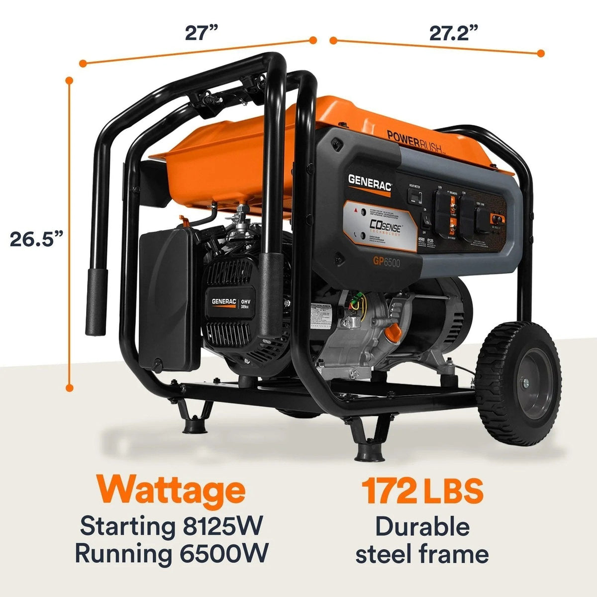 Casavibeo Generac portable generator with 8125/6500 watt capacity, showing its compact design and control panel.
