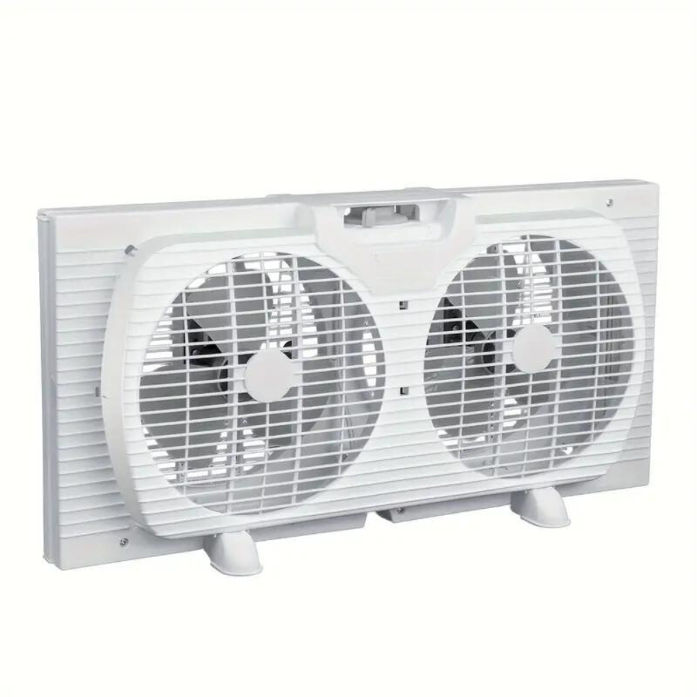 Belro InstaBreeze twin window cooling fan system installed in a home window for efficient outdoor cooling.