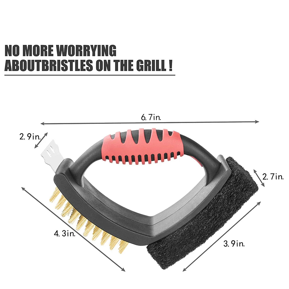 Belro 3-in-1 grill brush with brass bristles and scraper, ideal for cleaning barbecue grills and outdoor cooking surfaces.