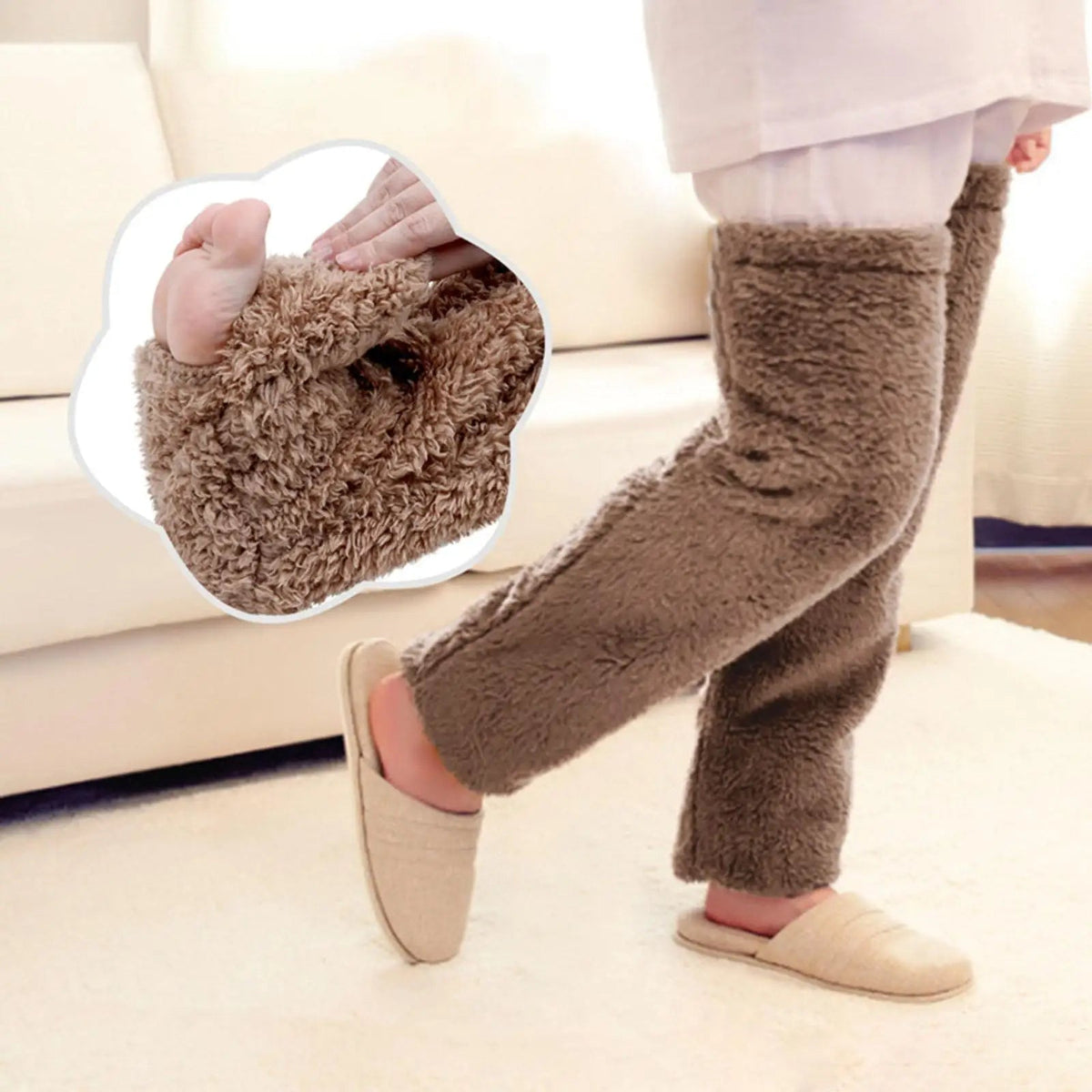 Belro fuzzy thigh-high warm socks in cozy knit fabric, worn over the legs for added warmth and comfort.