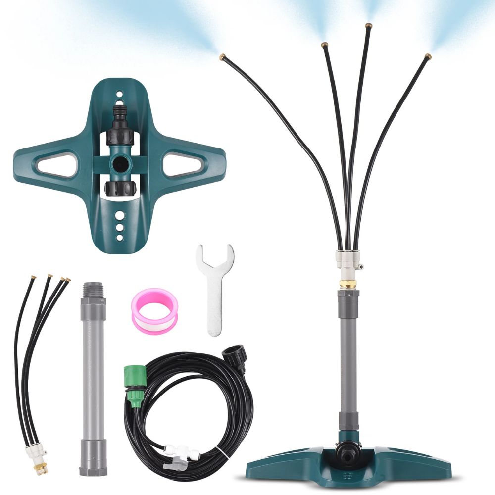 Belro freestanding outdoor patio cooling misting system for home and garden, with nozzles and support frame in outdoor setting