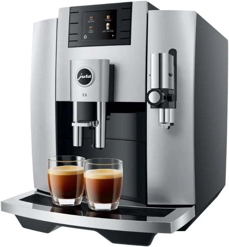 Casavibeo Jura E8 automatic coffee machine with stainless steel finish and digital control panel on a countertop.