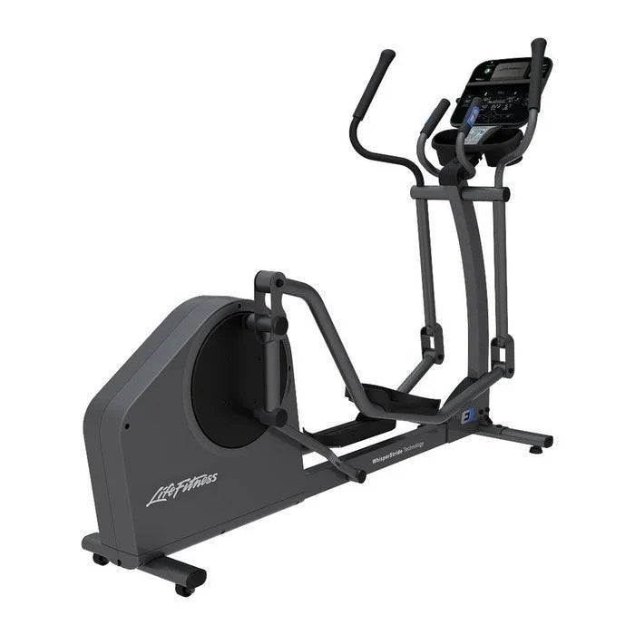 Life Fitness E1 Cross Trainer elliptical exercise machine with digital display and adjustable resistance for indoor cardio workouts.