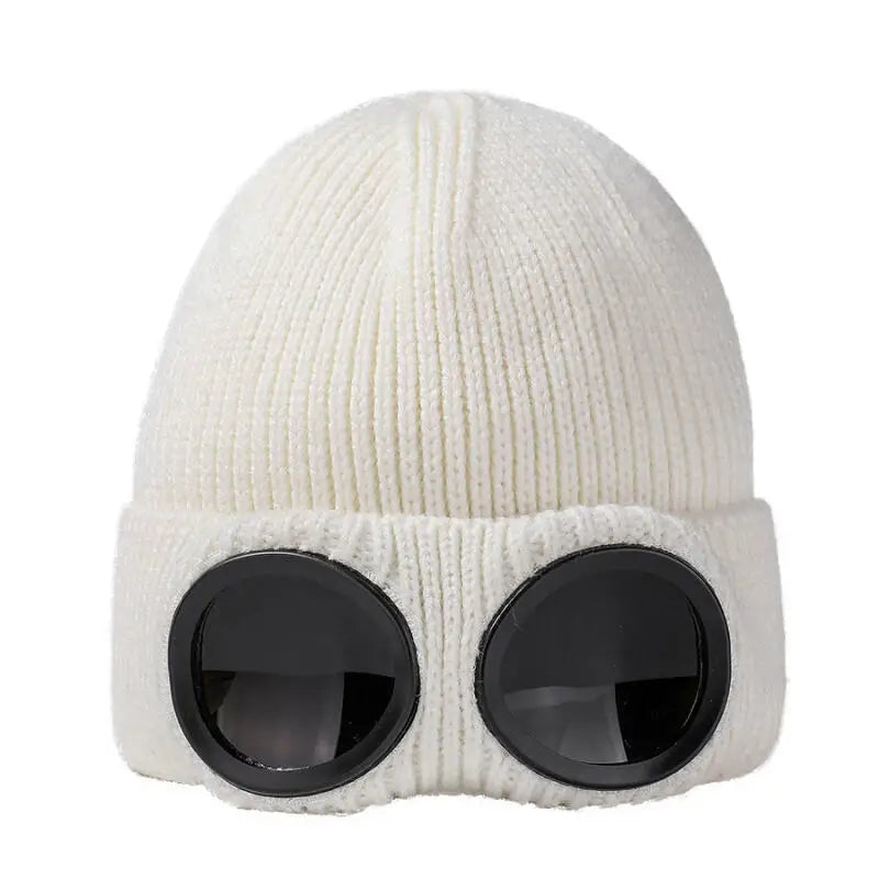 Belro unisex knitted beanie winter hat with goggles, warm accessory for cold weather, stylish and comfortable winter headwear.