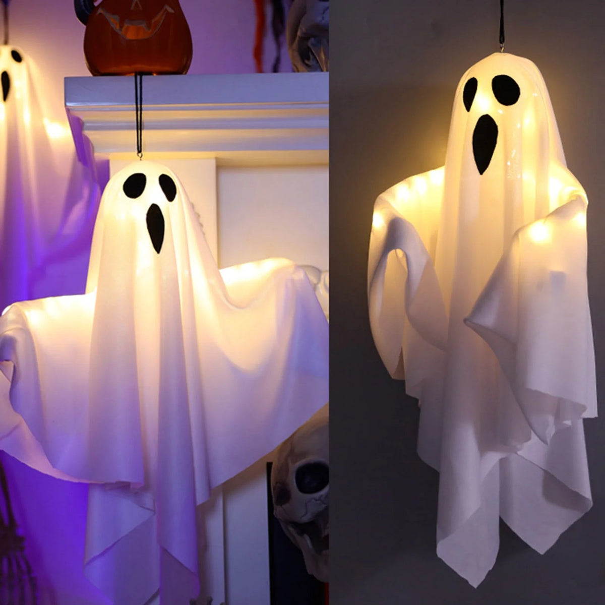 Belro hanging Halloween ghost lighted decor for outdoor home and garden, featuring a spooky ghost figure with lights.