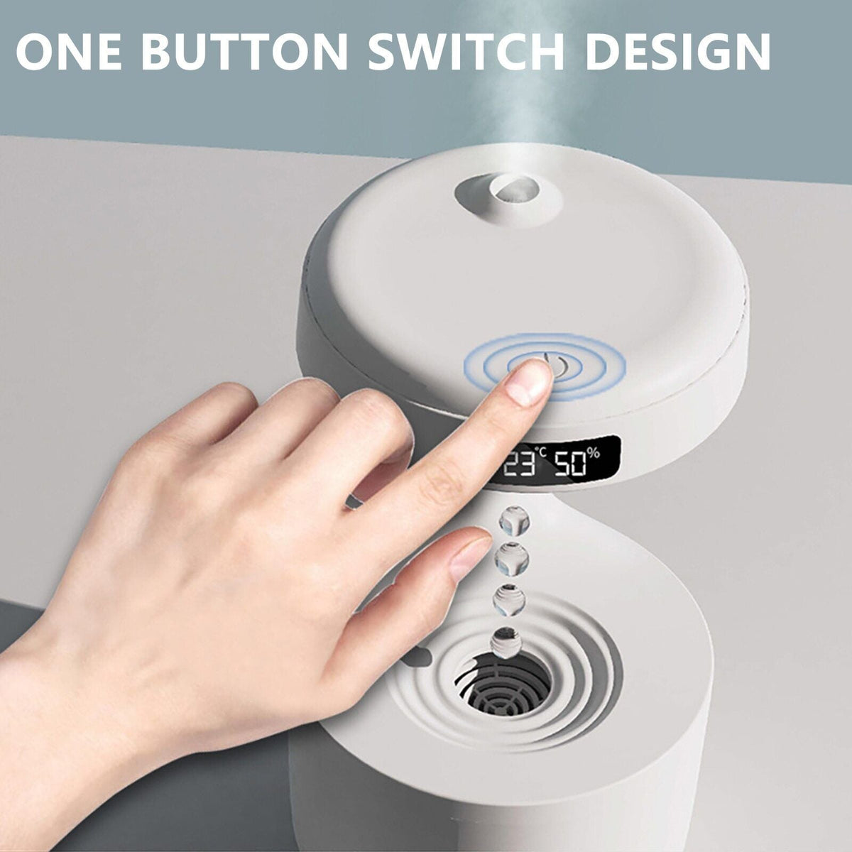 Belro Anti Gravity Humidifier displaying a sleek, modern electronic humidifier with a transparent water tank in a home setting.