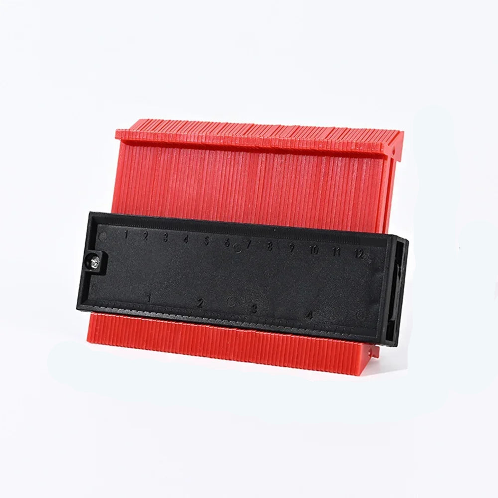 Red 5-inch Belro contour gauge for woodworking and construction, featuring adjustable metal pins for precise shape copying.