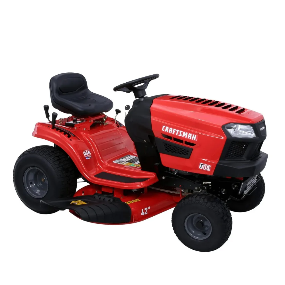 Craftsman T110 42-inch riding mower with 17.5 HP Briggs and Stratton engine and 7-speed transmission, shown from the side.