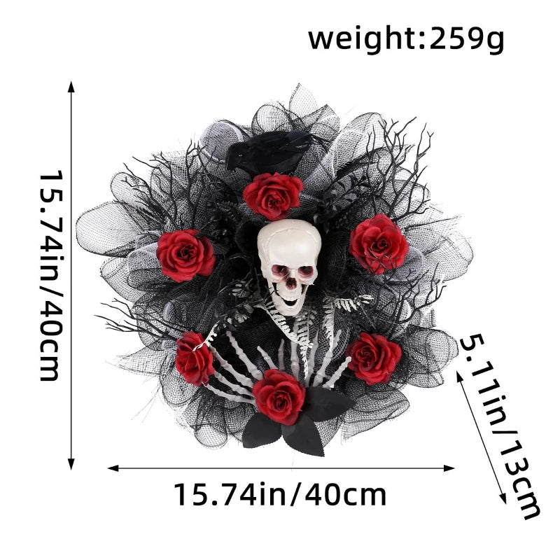 Red rose and skull Halloween garland wreath for front door, decorative Belro home and garden Halloween décor, vibrant and spooky.