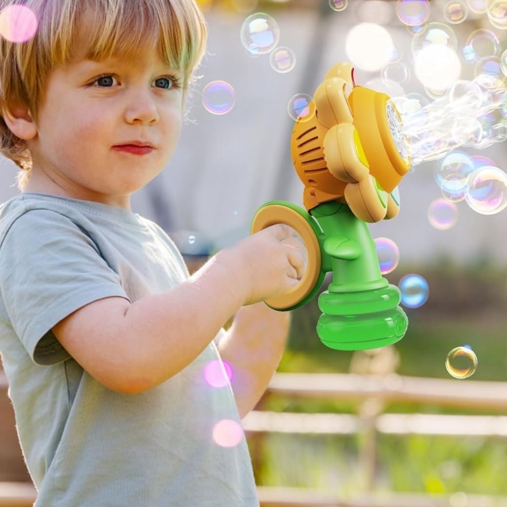 Belro Dancing Sunflower LED Bubble Maker toy showing colorful sunflower design and bubbles in an outdoor setting