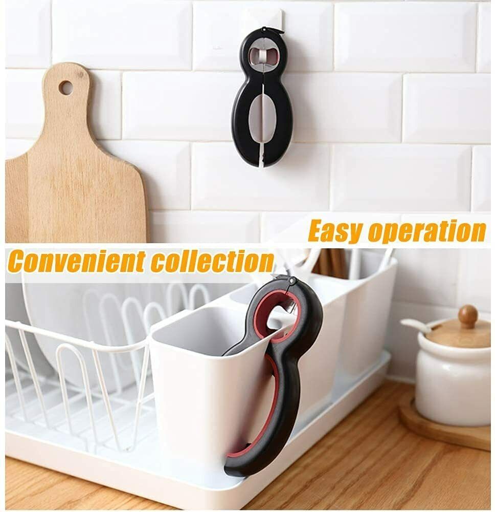 Belro 6-in-1 multi opener showing various tools for opening bottles, jars, and cans, designed for kitchen and dining use.