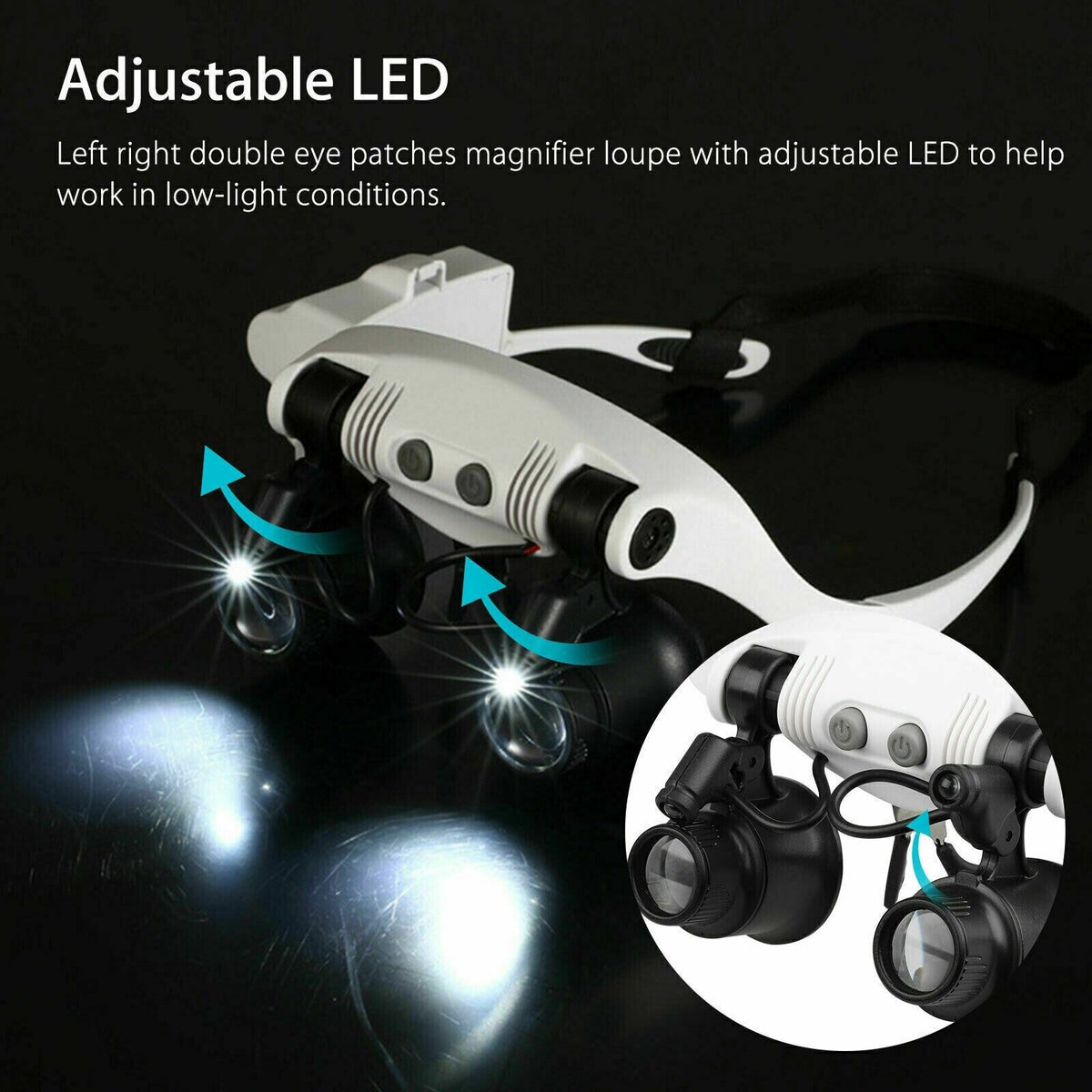 Belro headband magnifier with 8 lenses and LED light, jeweler glasses for detailed close-up work and precision viewing.