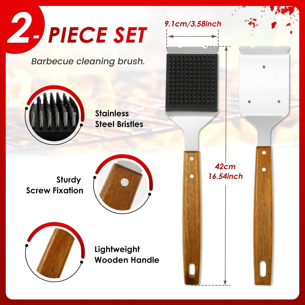 Belro long handle barbecue grill brush with scraper, featuring a sturdy metal bristle head for cleaning grill grates.