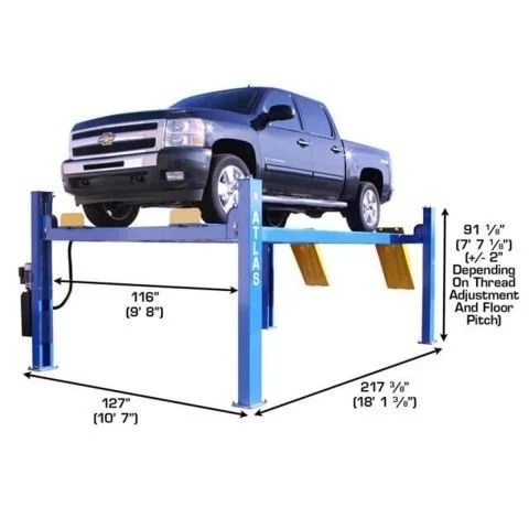 Atlas 414 4-Post Lift for automotive repair by Casavibeo, showing the sturdy metal frame and lifting mechanism.
