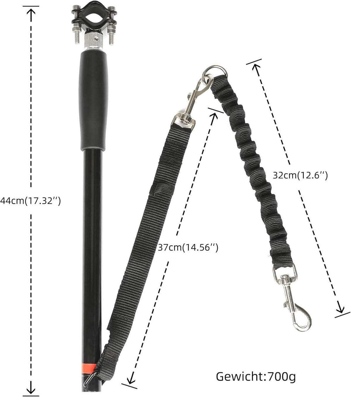 Belro bike dog tow leash attached to a dog harness, designed for hands-free walking and running with pets on bike rides.