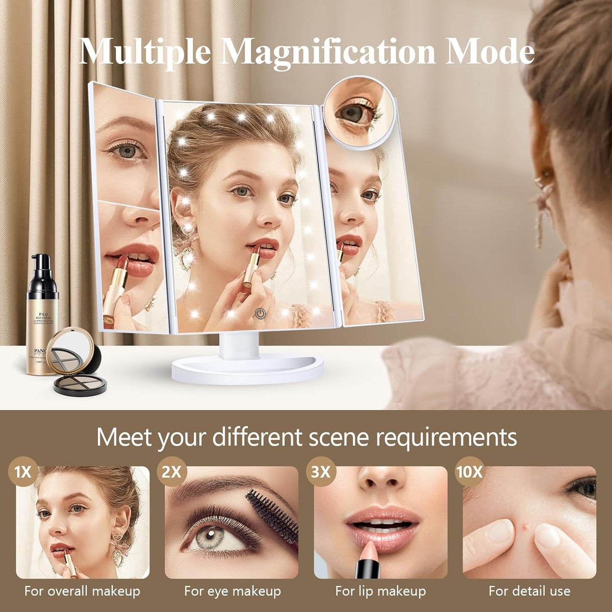 Belro tri-fold LED makeup mirror with built-in light, featuring multiple panels for detailed beauty and makeup application.