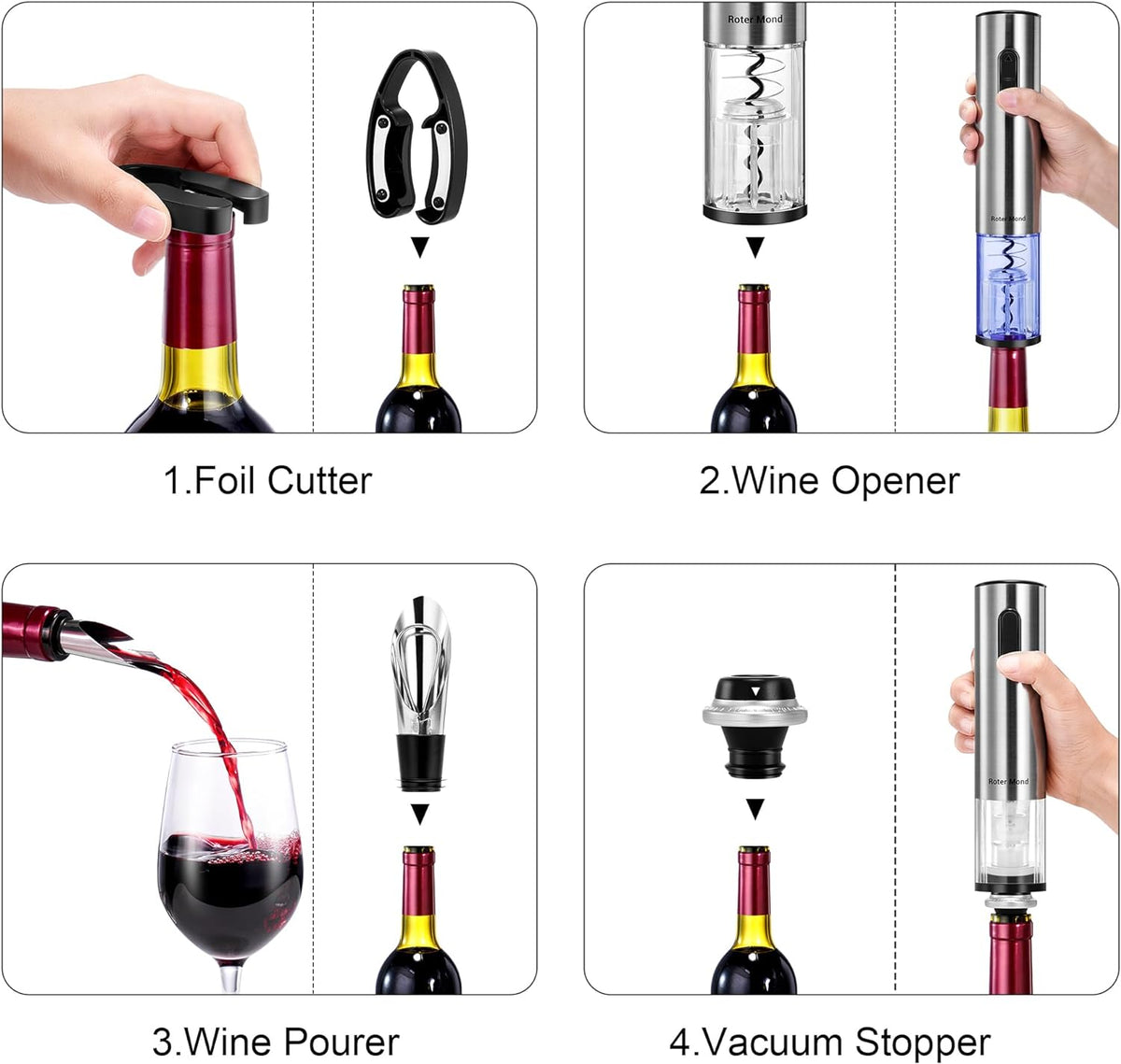Belro electric wine bottle opener set with vacuum preserver, automatic corkscrew, foil cutter, and charging base for up to 30 bottles