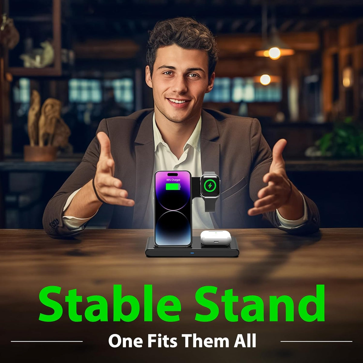 Belro 3-in-1 wireless fast charger stand for iPhone, Apple Watch, and AirPods, with sleek design and multiple charging pads.