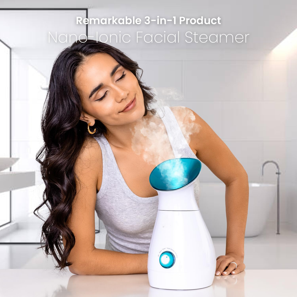 Belro Nano Ionic Facial Steamer Machine for skin care, showcasing its sleek design and steam outlet in a health and beauty setting.