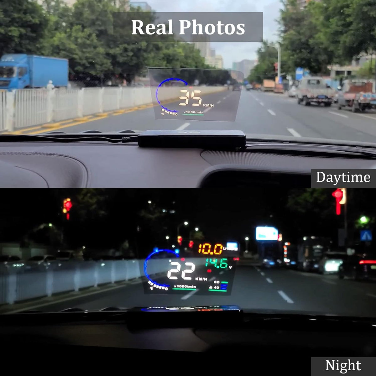 Belro Head Up Display Car (HUD) P8 showing digital speed and navigation info on a vehicle dashboard.
