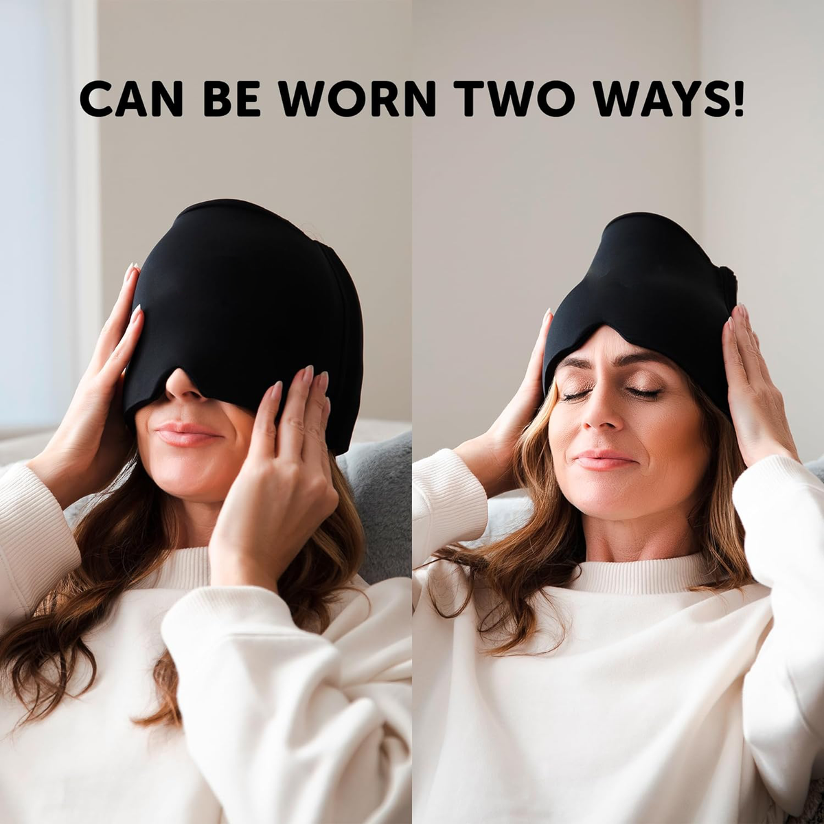 Belro migraine relief cap shown on a person's head, designed for soothing headache pain with adjustable fit and comfortable material.