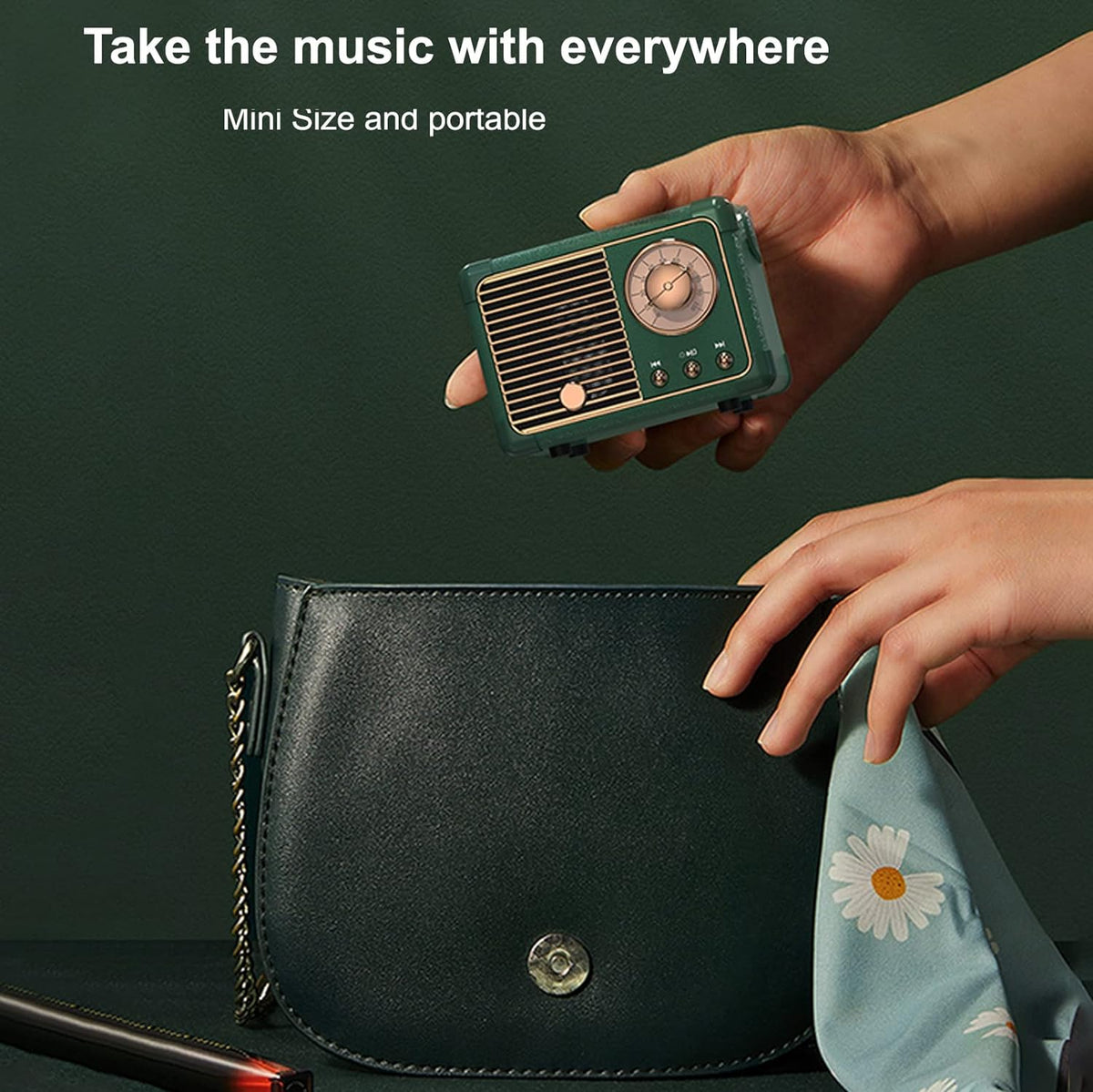 Belro Retro Bluetooth speaker in black with vintage design, portable electronic audio device with control buttons on top.