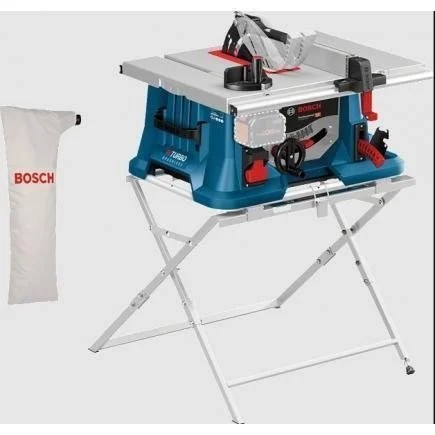Bosch GTS 18V-216 cordless table saw with metal table, blade guard, and adjustable fence for precise woodworking.