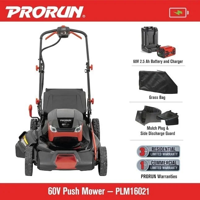 Casavibeo PRORUN 60V cordless lawn mower with 21-inch steel deck, 2.5 Ah battery, and charger for easy yard mowing.
