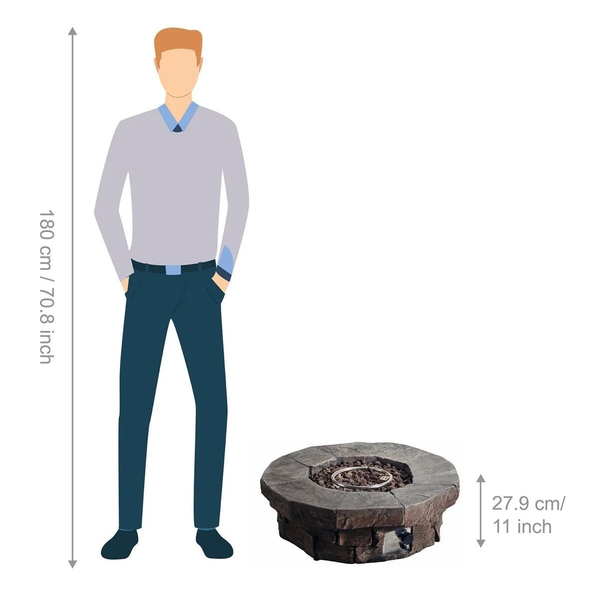 Red Barrel Studio Kimily propane outdoor fire pit with a round metal design and glowing flame, perfect for outdoor gatherings.